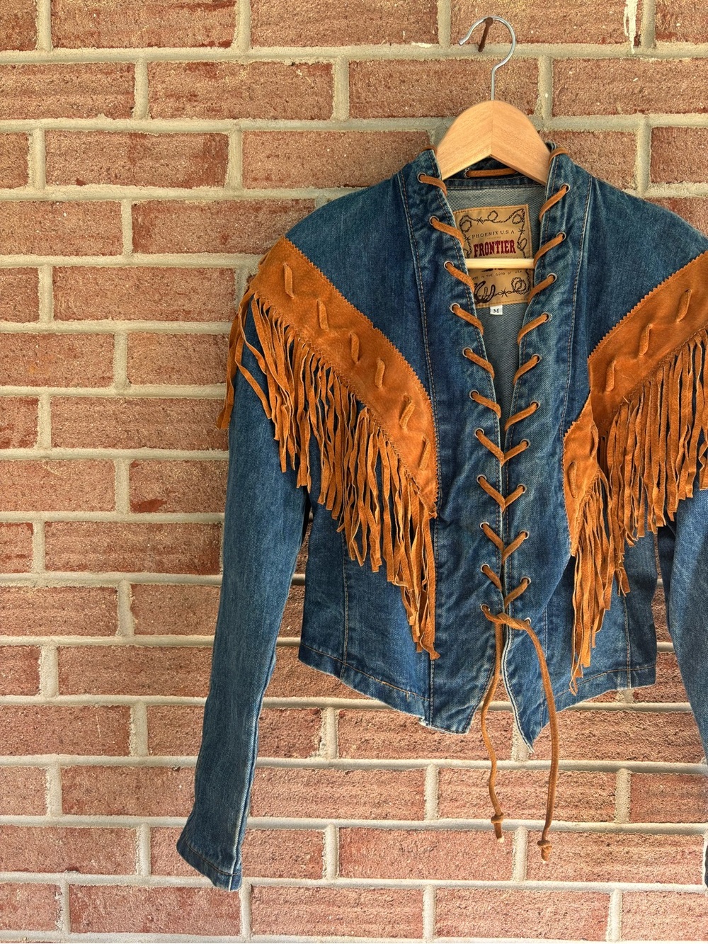 1980s Vintage Frontier Denim Jacket with Brown Suede Fringe